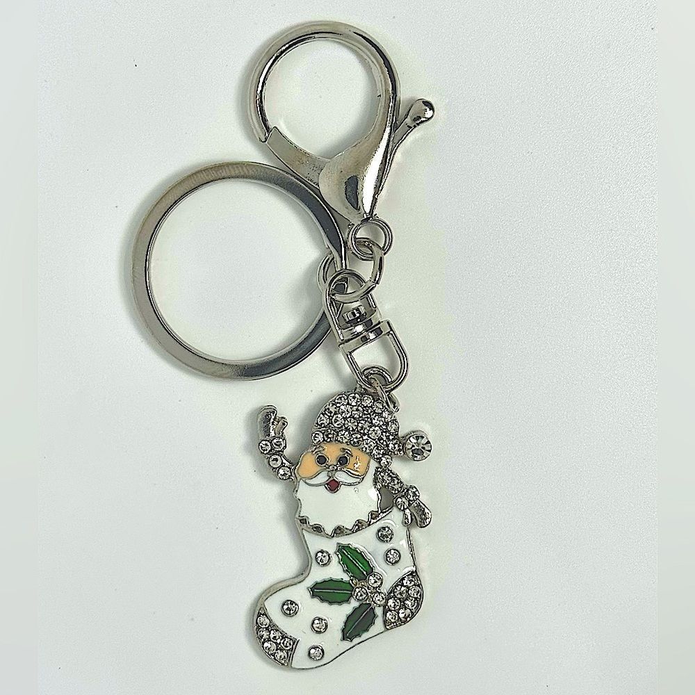 BAG CHARM Silver Tone Holiday Santa in Stocking
